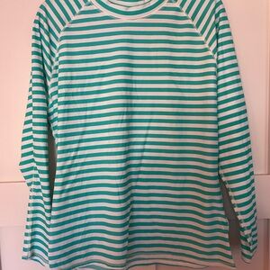 Old Navy Women’s Striped Swim Shirt Rash Guard White Turquoise Crew Neck